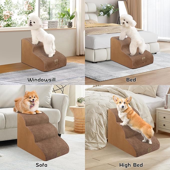 3-Tiers Foam Dog Stairs for High Bed Sofa,High Density Foam Ramp Steps Stairs with Soft Fabric Cover,Slope Stairs Friendly to Pets Joints,Machine Washable Fabric Cover,1 pcs Lint Roller with 2 Refills