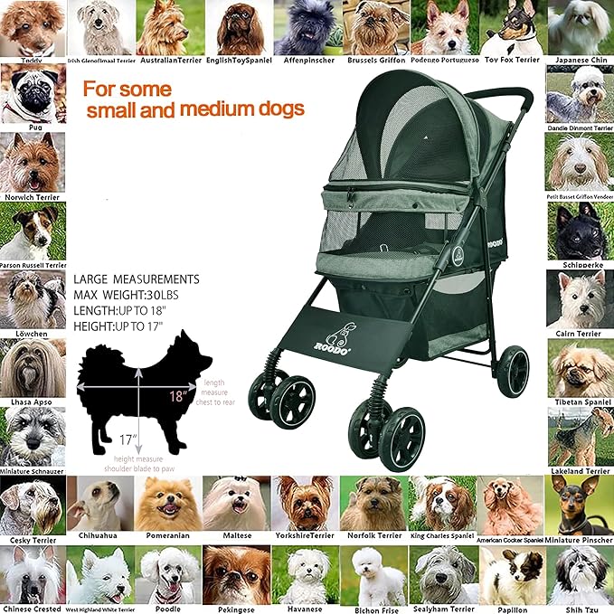 ROODO Dog Stroller 4 Wheel Pet Stroller Cat 30lbs(Cationic ash)