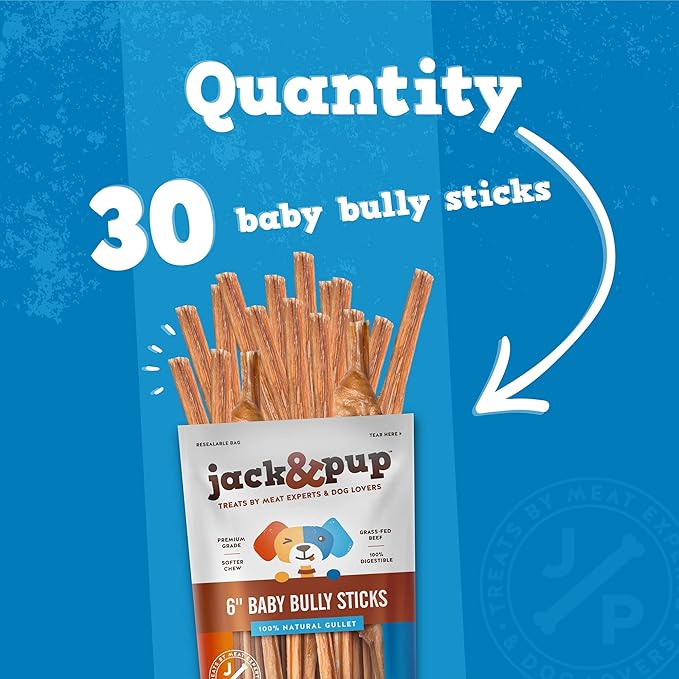 Jack&Pup Bully Sticks for Small Dogs - 6 Inch Junior Bully Stick Dog Chew (30 Pack) 6” Long Premium Grade All Natural Gourmet Puppy Treat Chews - Great for Teething Puppies (30 Pack)