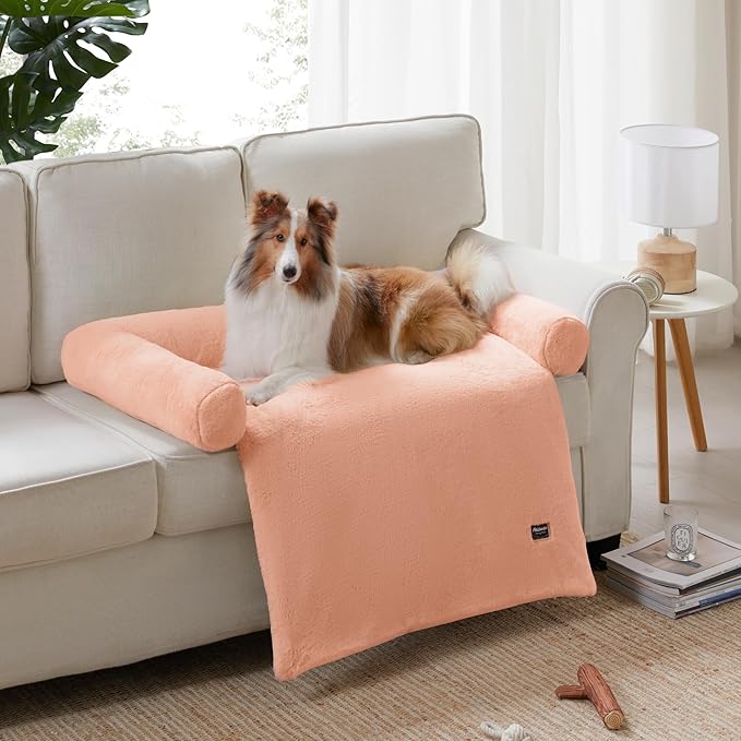 Allisandro Calming Dog Bed Mat, Washable Couch Cover for Dogs, Comfort and Anti-Slip Sofa Dog Bed with Bolster, Waterproof Furniture Protector Cover for Pets, 35x33x5 Inches, Light Orange