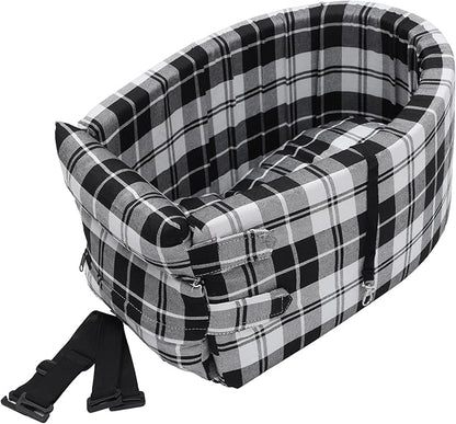 X AUTOHAUX Large Plaid Style Dog Car Seat Adjustable Straps for Medium Small Sized Puppy Cat Seat Pets Soft Non Slip Bottom Travel Bed Black White