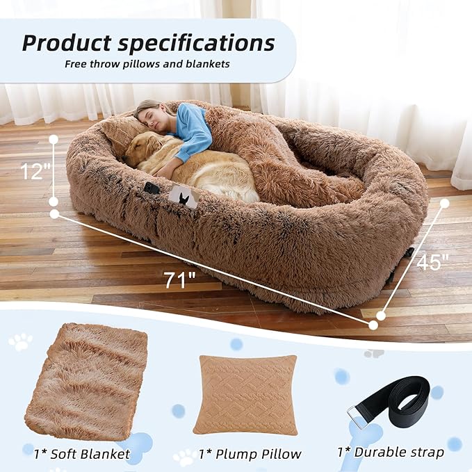 𝗛𝘂𝗺𝗮𝗻 𝗗𝗼𝗴 𝗕𝗲𝗱, Large Dog Beds for Humans Size Fits You and Pets, Washable Faux Fur Orthopedic Human Dog Bed for People Doze Off, Napping, Present Pillow, Blanket, Strap - Khaki