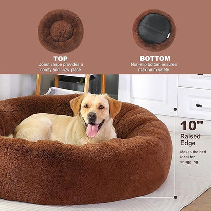 45" Calming Dog Bed with Removable Cover,Anti Anxiety Donut Dog Bed,Plush Round Pet Beds for Extra Large Dogs,Fluffy Faux Fur Dog Bed,Washable Cuddler Dog Bed(Brown,XL)