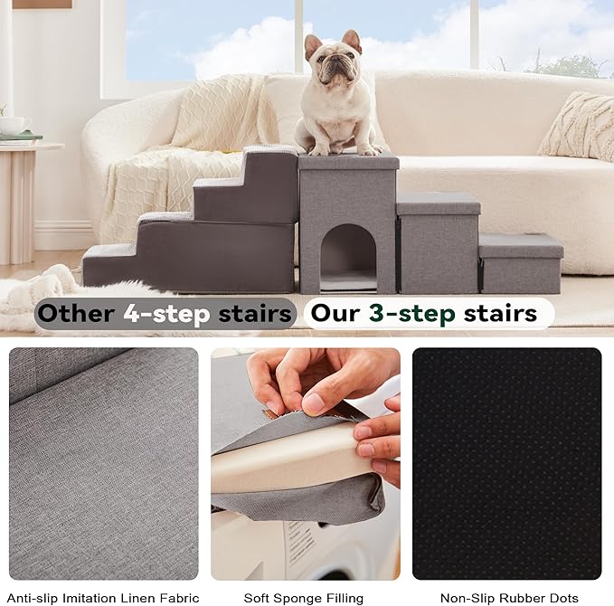 Love's cabin Dog Stairs for Small Medium or Large Dogs with Storage and Condo Couch,3-Step Gray 200 lbs,Solid