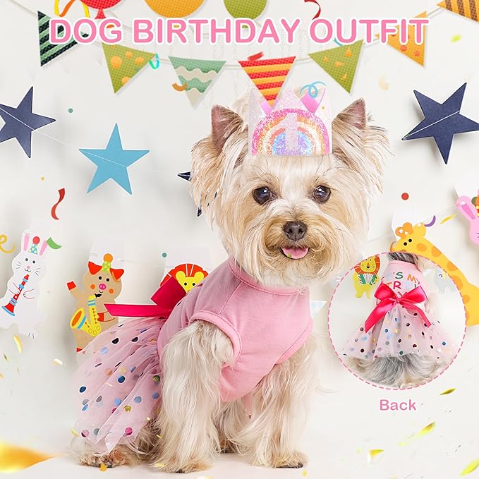 Dog Birthday Dress Birthday Hats Set Dog Clothes for Small Dogs Girl Puppy Birthday Princess Dresses Pet Cat Birthday Outfit (Birthday Dress Set