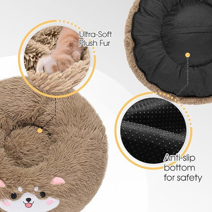 Veehoo Donut Calming Dog Beds for Small Medium Dogs-Round Cute Dog Bed Comfort Pet Bed 23" Camel