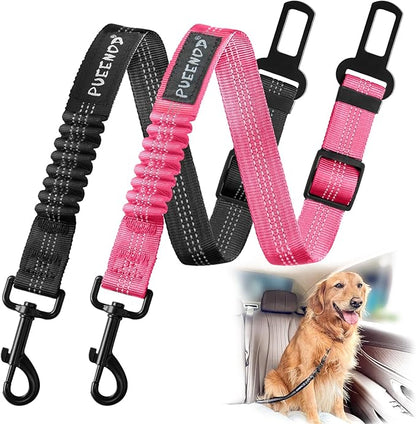 2 Pack Dog Seat Belt Adjustable Dog Car Seatbelts for Vehicle Nylon Pet Safety Seat Belt with Elastic Bungee Buffer Reflective & Durable Car Harness for Dogs (Black + Pink)