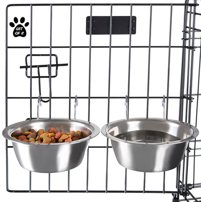 Set of 2 Stainless-Steel Dog Bowls - Cage, Kennel, and Crate Hanging Pet Bowls for Food and Water - 20oz Each and Dishwasher Safe by PETMAKER,Silver