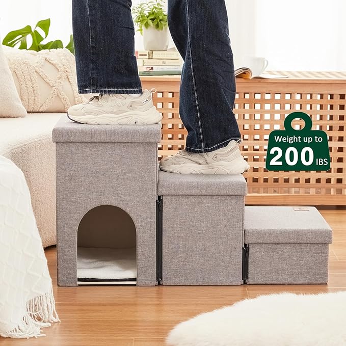 Love's cabin Dog Stairs for Small Medium or Large Dogs with Storage and Condo Couch,3-Step Gray 200 lbs,Solid
