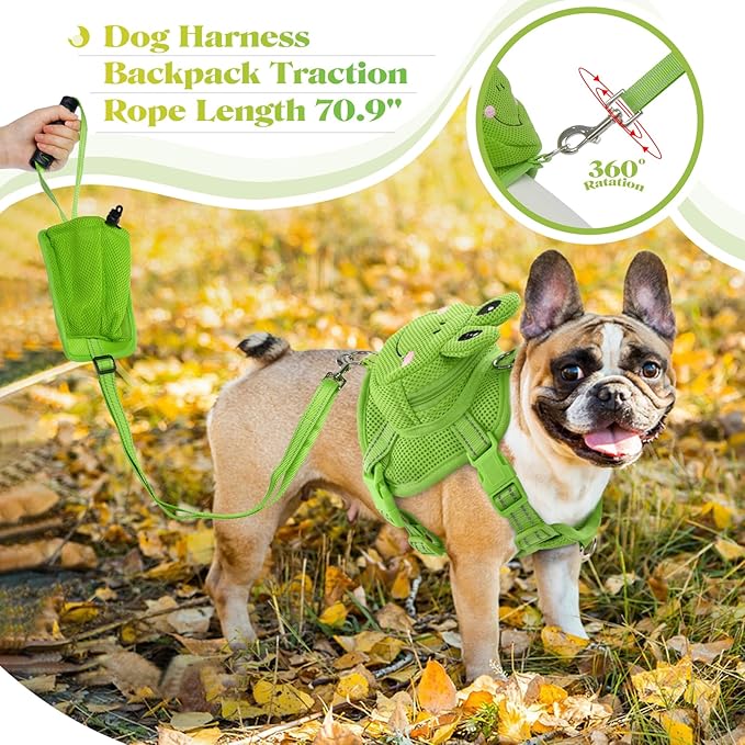 Dog Backpack Harness, Cute Dog Harness with Leash, Dog Harness with Backpack, No Pull Dog Saddle Bag Puppy Vest, Mesh Frog Self Bag with D-Ring, Dog Hiking Backpack for Small Medium Dogs S