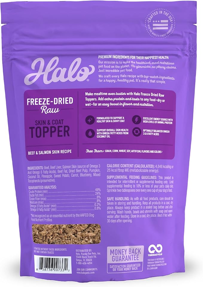 Halo Freeze Dried Raw Skin & Coat Topper, Beef and Salmon Skin Recipe, Raw, Real Meat Topper, All Life Stages, 3.5-OZ Bag