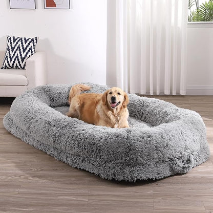 YITAHOME Human Dog Bed, 79"x43" Extra Large Memory Foam Dog Beds for Adults and Pets with Blanket and Pillow, Washable Fur Cover, Grey