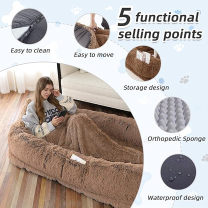 𝗛𝘂𝗺𝗮𝗻 𝗗𝗼𝗴 𝗕𝗲𝗱, Large Dog Beds for Humans Size Fits You and Pets, Washable Faux Fur Orthopedic Human Dog Bed for People Doze Off, Napping, Present Pillow, Blanket, Strap - Khaki