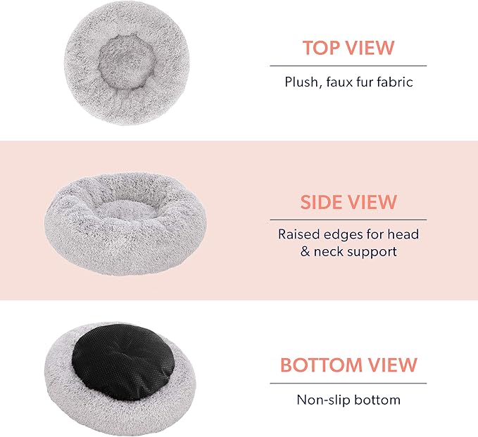 Active Pets Plush Calming Donut Dog Bed - Anti Anxiety Bed for Dogs, Soft Fuzzy Comfort - for Large Dogs, Fits up to 100lbs, 36" x 36" (Large, Light Grey)