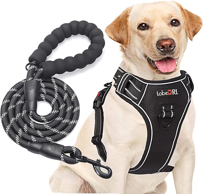 tobeDRI No Pull Dog Harness Adjustable Reflective Oxford Easy Control Medium Large Dog Harness with A Free Heavy Duty 5ft Dog Leash (XL (Neck: 21.5"-33", Chest: 30"-39.5"), Black Harness+Leash)