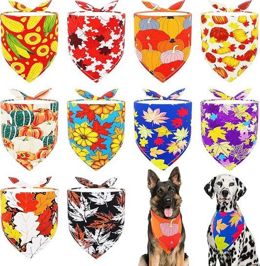 10PCS Large Dog Bandanas Fall Large XL XXL Big Dog Breed Pumpin Harvest Leaves Forest Autumn Pattern Kerchief Triangle Bibs Head Scarves for Boys and Girls Grooming Accessories Costume