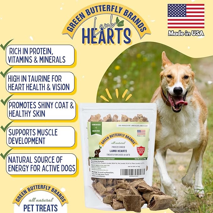 Freeze Dried Lamb Heart Dog Treats Made in USA. All Natural Freeze-Dried Raw Snacks for Dogs and Cats. Single Ingredient. High Protein. Heart Health. Irresistible Training Treat