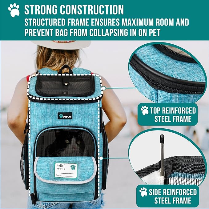 PetAmi Dog Backpack Carrier, Airline Approved Cat Backpacks for Carrying Small Large Cats, Pet Carrier Back Pack, Ventilated Soft Sided for Travel, Hiking, Camping, Max 18 lbs, Turquoise