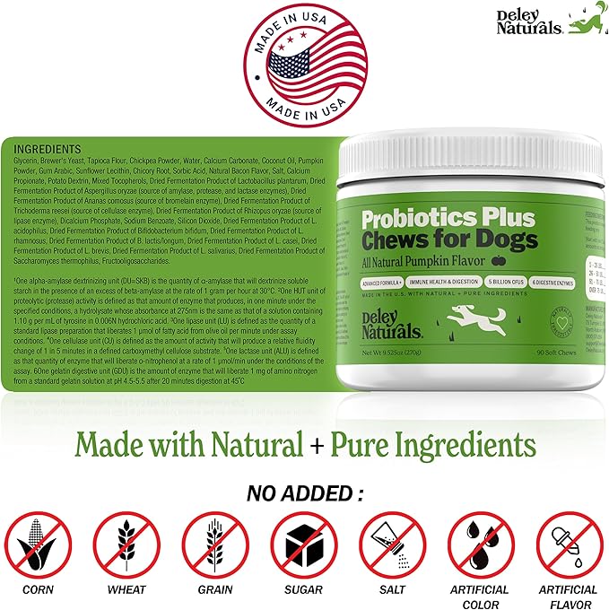 Deley Naturals Probiotics Plus Chews for Dogs, Gut Health Supplement, 5 Billion CFU's, Digestive Enzymes, Prebiotics, Dog Allergies, Diarrhea, Yeast, Pumpkin Flavor, 90 Count - Made in The USA