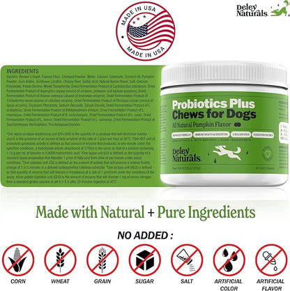 Deley Naturals Probiotics Plus Chews for Dogs, Gut Health Supplement, 5 Billion CFU's, Digestive Enzymes, Prebiotics, Dog Allergies, Diarrhea, Yeast, Pumpkin Flavor, 90 Count - Made in The USA