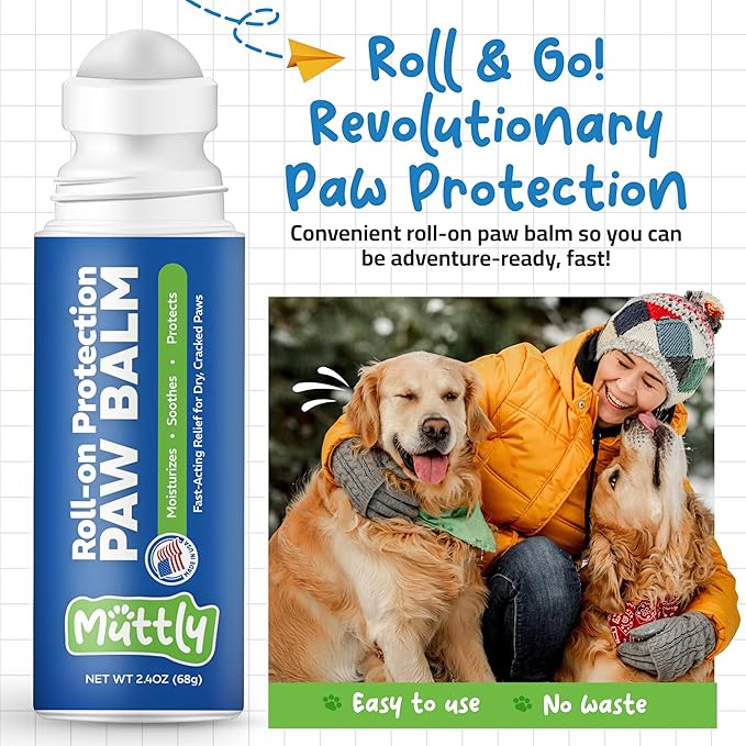 Roll-On Dog Paw Balm - Easy & Fast to Apply, Natural, Non-Toxic, Food-Grade, Lick-Safe Dog Paw Wax - Moisturizing & Soothing Protection from Snow, Hot Pavements & More - All-Season Paw Protection