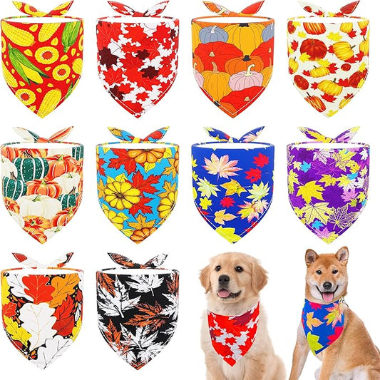 10PCS Large Dog Bandanas Fall for Medium Breed Dog Pumpin Harvest Leaves Forest Autumn Pattern Kerchief Triangle Bibs Head Scarves Boys and Girls Grooming Accessories Costume