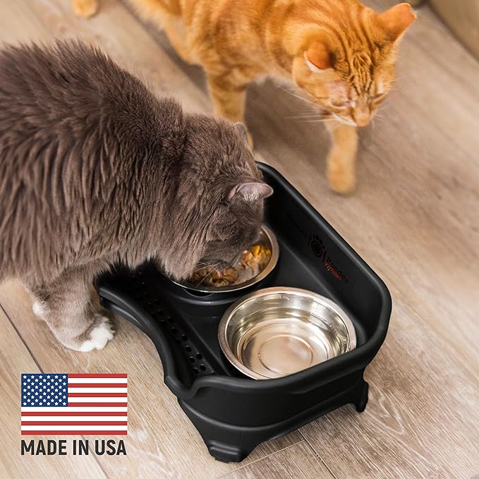 Neater Feeder - Express Model - Mess-Proof Cat Bowls (Cat, Black) – Made in USA – Elevated, No Spill, Non-Tip, Non-Slip, Raised Stainless Steel Food & Water Pet Bowls