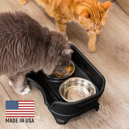 Neater Feeder - Express Model - Mess-Proof Cat Bowls (Cat, Black) – Made in USA – Elevated, No Spill, Non-Tip, Non-Slip, Raised Stainless Steel Food & Water Pet Bowls