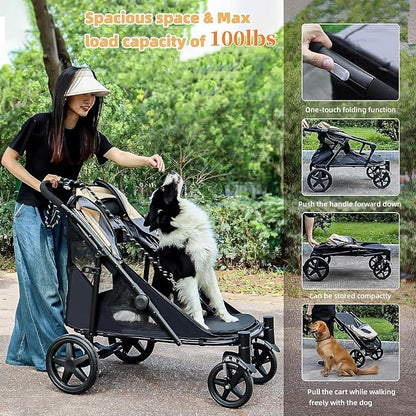 Dog Stroller for Medium/Large Dogs One-Click Folding Totoro 4 Wheel 2 Dogs 110LBS (Beige&Grey)