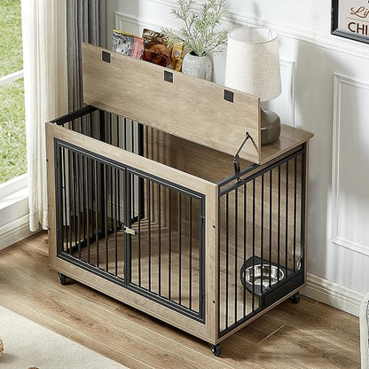 NicBex Dog Crate Furniture Dog Cage with Rotatable Feeding Bowl and 3 Doors