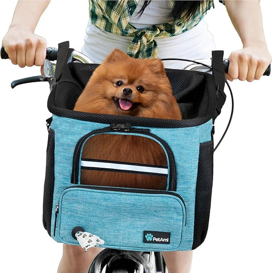 PetAmi Dog Bike Basket, Soft-sided Ventilated Dog Bike Carrier Backpack, Dog Pet Bicycle Basket for Bike Handlebar, Small Medium Puppy Cat Kitten Car Booster Seat with Safety Strap (Teal Blue)