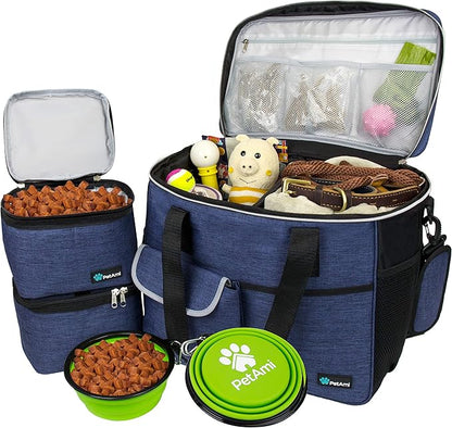 PetAmi Dog Travel Bag, Travel Pet Bag Organizer, Dog Food Travel Bag with Food Container and Bowls, Dog Travel Supplies Gift Accessories for Weekend Camping, Dog Cat Diaper Bag (Navy, Large)