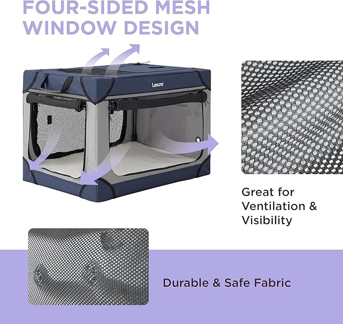 Lesure Soft Collapsible Dog Crate 36 Inch 4-Door Foldable