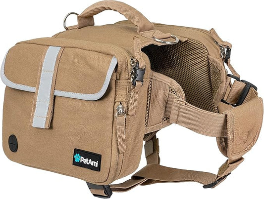 PetAmi Dog Backpack for Medium Large Dogs, Dog Saddle Bag for Dogs to Wear, Tactical Harness Saddlebag with Reflective Safety Side Pockets for Hiking, Camping, Vest Dog Pack for Travel (Tan, Large)