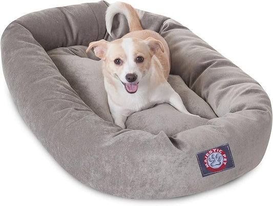 Majestic Pet 32 Inch Micro Velvet Calming Dog Bed Washable – Cozy Soft Round Dog Bed with Spine for Head Support 32x23x7 (inch)