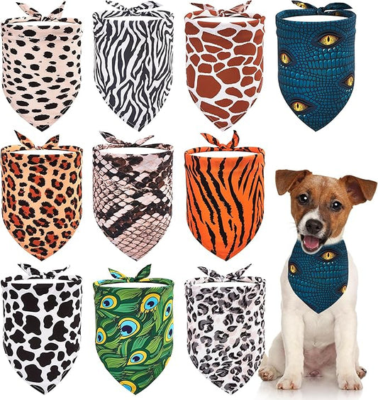 10PCS Animal Print Dog Bandanas for XXS XS Small Boys Girls Triangle Bibs Head Scarves Zebra Leopard Snake Tiger Peacock Cheetah Giraffe and Cow Print Grooming Accessories