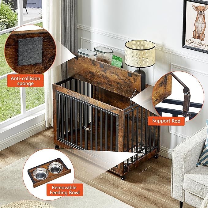 NicBex Dog Crate Furniture Dog Cage with 3 Doors and 2 Feeding Bowls