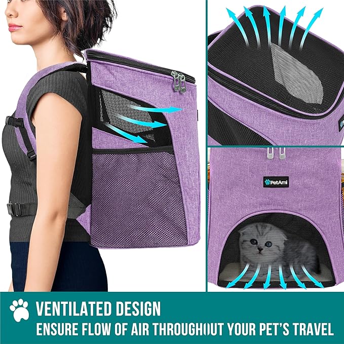 PetAmi Small Dogs and Cat Backpack Carrier, Airline Approved Pet Backpack Carrier, Ventilated, Safety Strap, Buckle Support Designed for Hiking Travel Camping Outdoor, Max 18 lbs (Heather Purple)