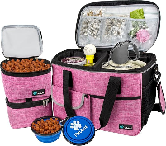 PetAmi Dog Travel Bag, Travel Pet Bag Organizer, Dog Food Travel Bag with Food Container and Bowls, Dog Travel Supplies Gift Accessories for Weekend Camping, Dog Cat Diaper Bag (Pink, Medium)