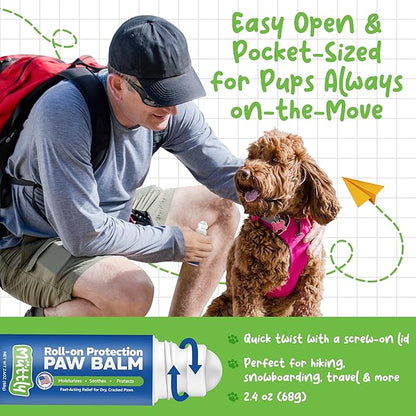 Roll-On Dog Paw Balm - Easy & Fast to Apply, Natural, Non-Toxic, Food-Grade, Lick-Safe Dog Paw Wax - Moisturizing & Soothing Protection from Snow, Hot Pavements & More - All-Season Paw Protection