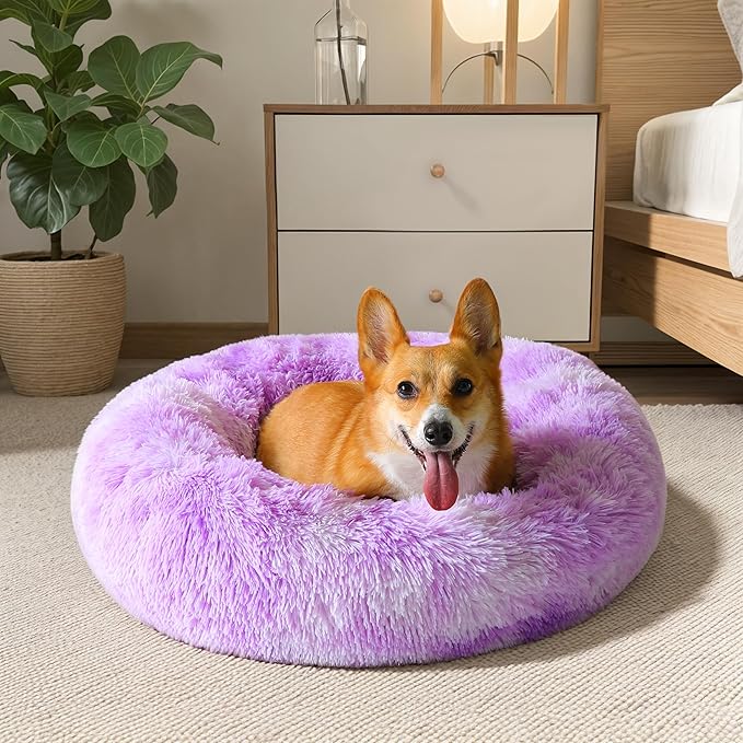 WESTERN HOME WH Calming Dog & Cat Bed, Anti-Anxiety Donut Cuddler Warming Cozy Soft Round Bed, Fluffy Faux Fur Plush Cushion Bed for Small Medium Dogs and Cats (20"/24"/27"/30")