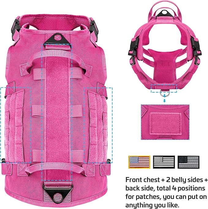 Forestpaw Pink Tactical Dog Harness for Large Dogs,Tactical Dog Collar with Bungee Leash Set,No Pull Military Dog Harness for Dog Walking Training,Adjustable for Medium Large Dogs,L