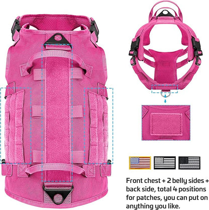 Forestpaw Pink Tactical Dog Harness for Large Dogs,Tactical Dog Collar with Bungee Leash Set,No Pull Military Dog Harness for Dog Walking Training,Adjustable for Medium Large Dogs,M