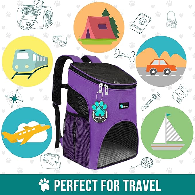 PetAmi Small Dogs and Cat Backpack Carrier, Airline Approved Pet Backpack Carrier, Ventilated, Safety Strap, Buckle Support Designed for Hiking Travel Camping Outdoor, Max 18 lbs (Purple)