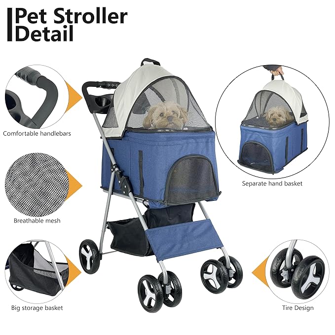 Foldable 3-in-1 Cat Pet Stroller for Medium Dogs up to 33 lbs