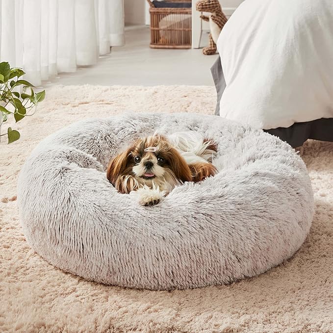 Western Home Faux Fur Dog & Cat Bed, Original Calming Bed for Small Medium Large Pets, Anti Anxiety Donut Cuddler Round Warm Washable Bed for Indoor Cats(20", Khaki)