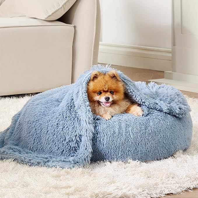 Bedsure Waterproof Dog Blankets for Small Dogs - Calming Cat Blanket for Couch Protector Washable, Long Faux Fur Pet Throw Blanket for Puppy, Reversible Furniture Protection, 25"x35", Blue