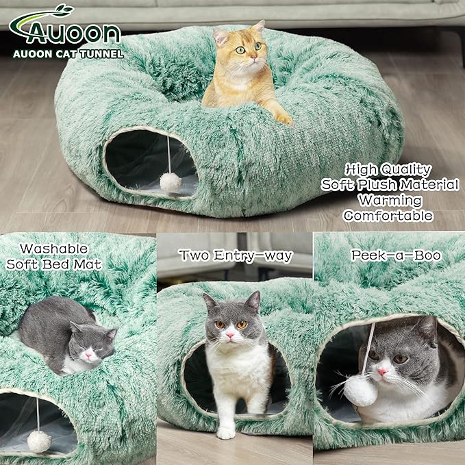 AUOON Cat Tunnel Bed with Central Mat,Big Tube Playground Toys,Soft Plush Material,Full Moon Shape for Kitten,Cat,Puppy,Rabbit,Ferret (Creen)