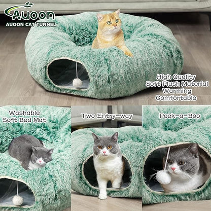 AUOON Cat Tunnel Bed with Central Mat,Big Tube Playground Toys,Soft Plush Material,Full Moon Shape for Kitten,Cat,Puppy,Rabbit,Ferret (Creen)