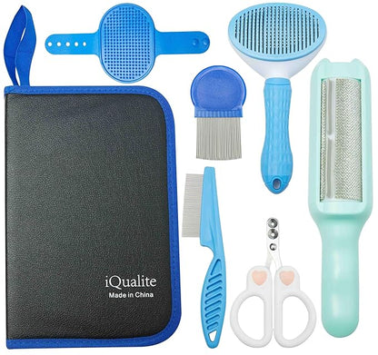 6-in-1 Pet Grooming Kit for Dogs & Cats, Skin Friendly with Self Cleaning Shedding Brush, Hair Remover, Flea Comb, Bath Brush & Paw Cleaner, Blue